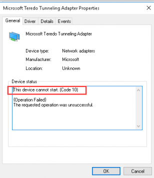 Screenshot of Microsoft Teredo tunneling adapter properties