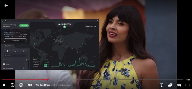 Screenshot of The Good Place streaming with ProtonVPN connected to a US server.