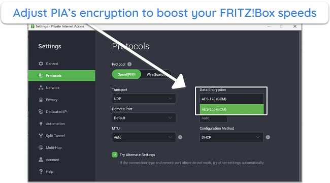 Screenshot of PIA's Windows app with 128-bit encryption level selected.