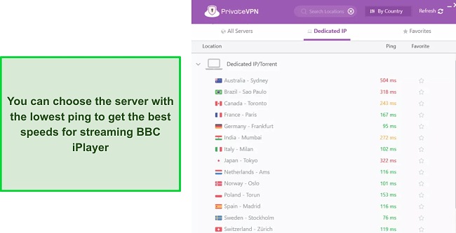 Screenshot of PrivateVPN's servers sorted by ping