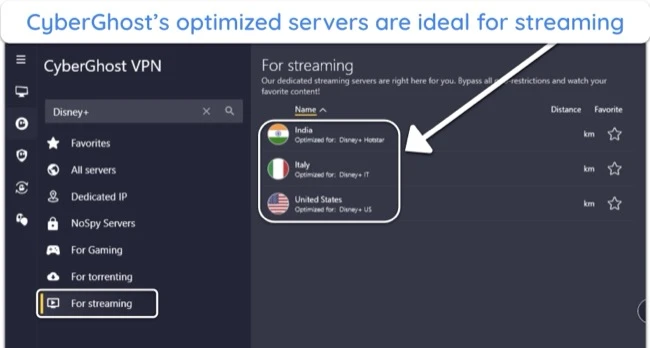 image of CyberGhost's Windows app, highlighting the optimized streaming servers for Disney+.