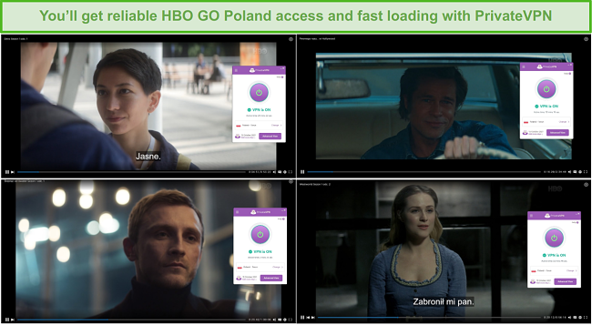 Screenshots of HBO GO Poland Movies shown with PrivateVPN