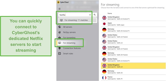 Screenshot of CyberGhost's dedicated Netflix servers which reliably unblock Netflix US, UK, Japan, France, and Germany