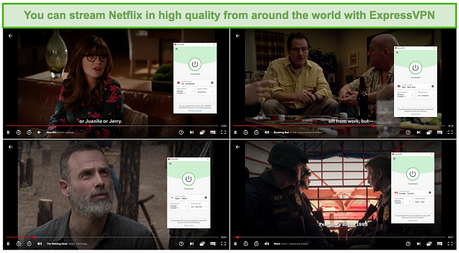 Screenshot of ExpressVPN unblocking and streaming from the UK (New Girl), Netflix US (Breaking Bad), Japan (The Walking Dead), and Canada (Waco).