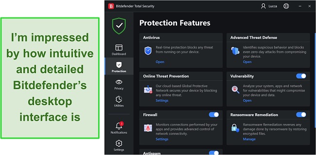 Screenshot of Bitdefender's Windows app user interface