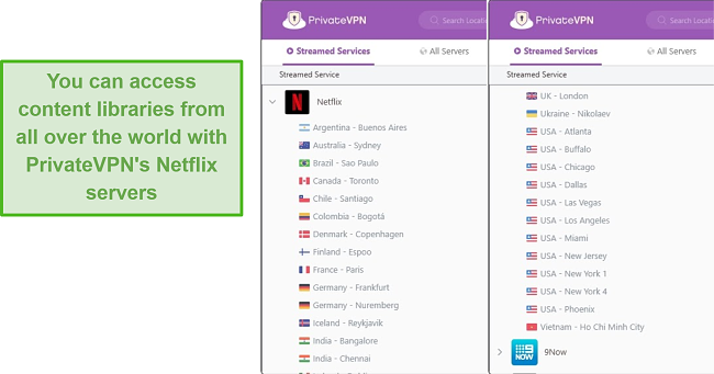 Screenshot of PrivateVPN's Netflix server selection with support for 30+ Netflix libraries