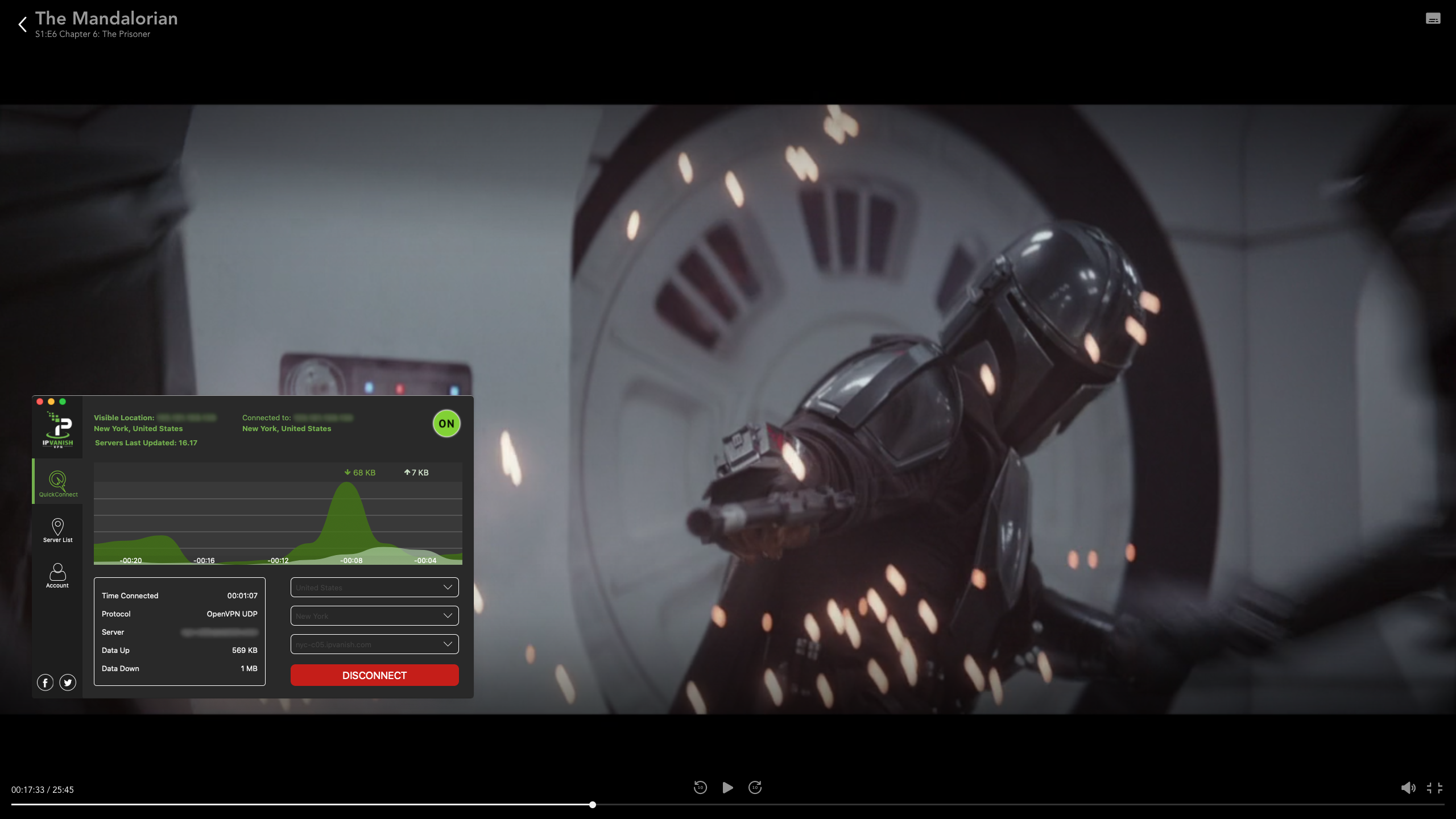 IPVanish VPN Screenshot of IPVanish streaming The Mandalorian on Disney Plus