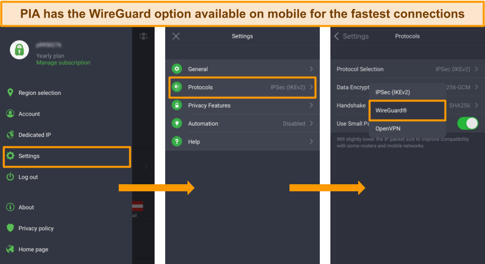 Screenshots detailing how to change the VPN protocol on an iOS mobile app.
