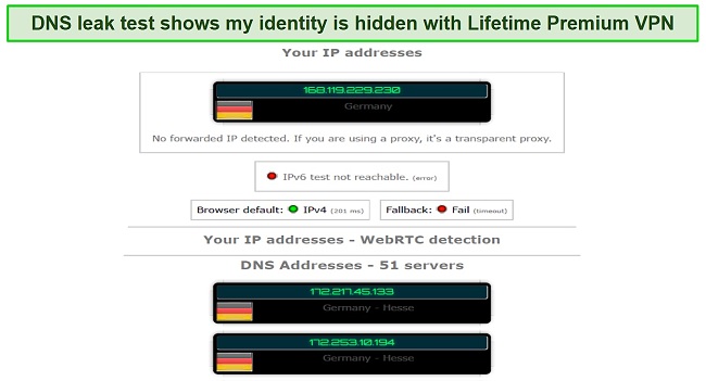 Screenshot of leak test results while using Lifetime Premium VPN