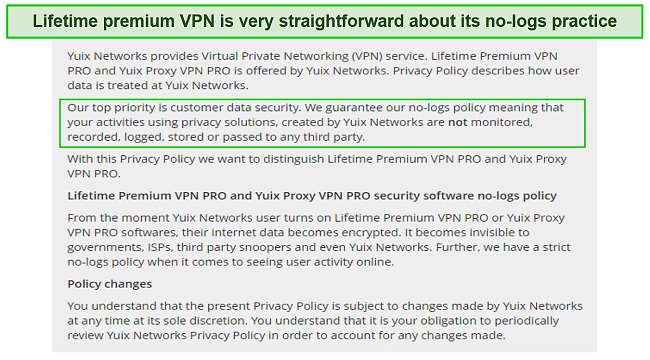 Screenshot of the excerpt of Lifetime Premium VPN no-log policy