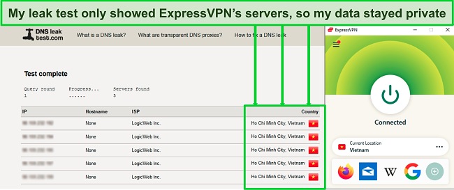 Screenshot of a successful DNS leak test while ExpressVPN is connected to a server in Vietnam