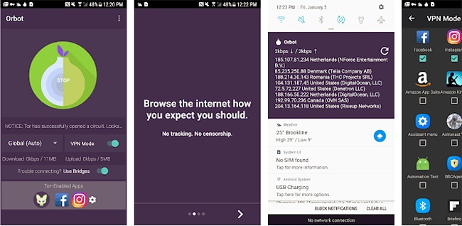 Several frames showing screenshots of Orbot's interface on Android