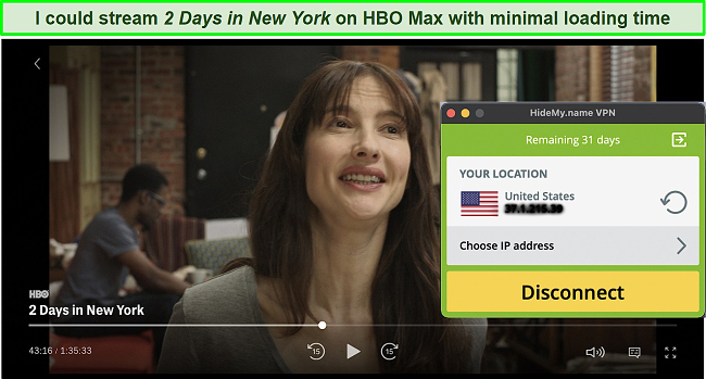Screenshot of HideMyname unblocking HBO Max