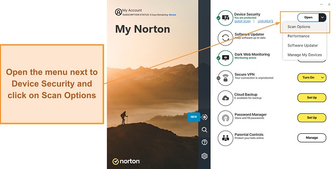 Opening the virus scanning options in Norton
