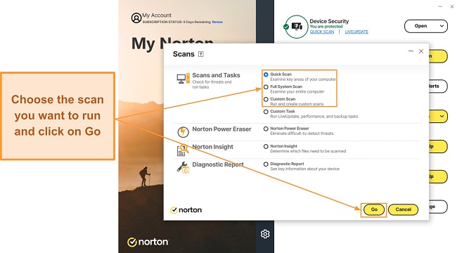 Choosing a scan type in Norton