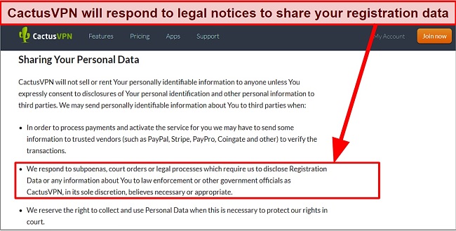 Screenshot of CactusVPN privacy policy