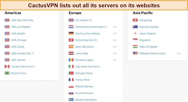 Screenshot showing server locations available on CactusVPN