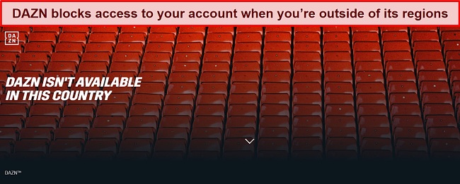 Image of DAZN's website when access to an account is blocked due to being outside of the correct geographic region