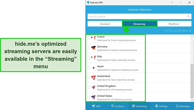 Screenshot of hide me's Windows app with the streaming servers highlighted