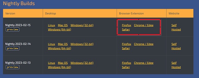 Ruffle browser extension download links screenshot