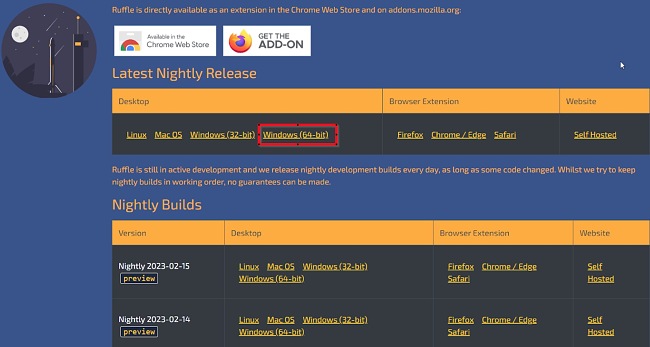Ruffle Windows download link screenshot