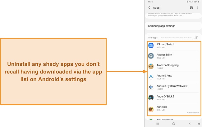 Screenshot of app list on Android