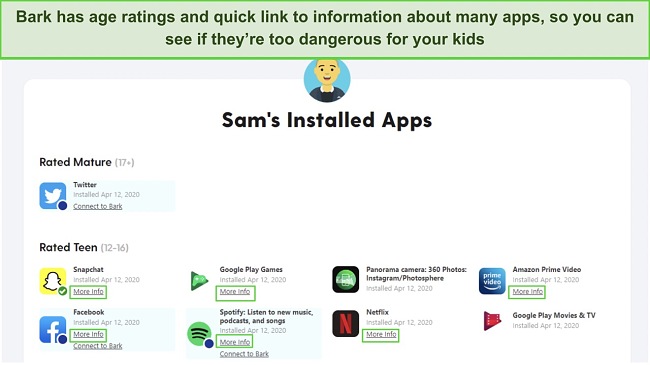 See all apps that were ever installed on your child’s phone in the Bark Insight section