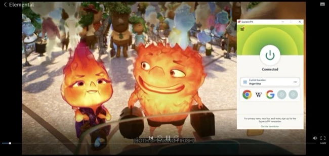 Screenshot showing Elemental playing on Disney+ while connected to an ExpressVPN server in Argentina