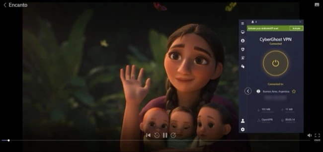Screenshot showing Encanto playing on Disney+ while connected to a CyberGhost server in Argentina